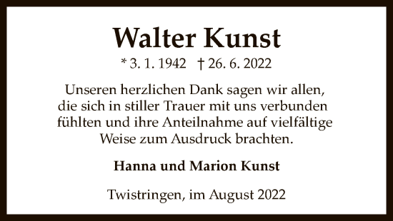 Traueranzeige von Walter Kunst von SYK