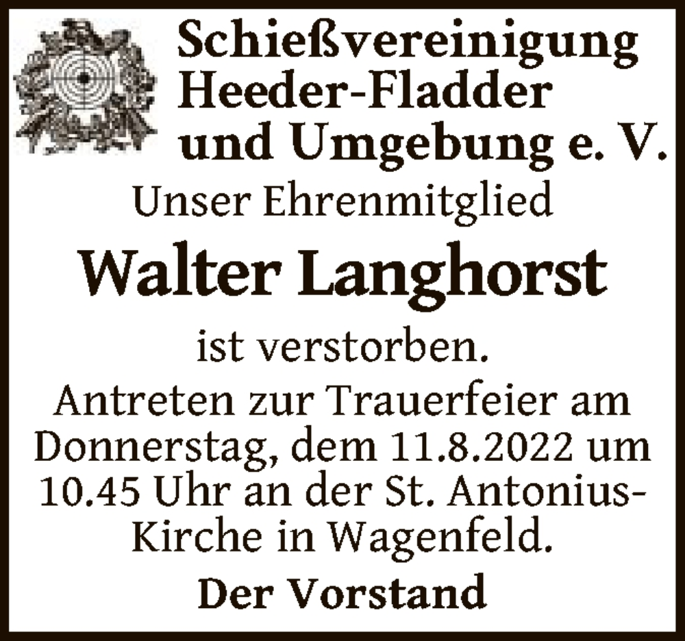  Traueranzeige für Walter Langhorst vom 09.08.2022 aus SYK