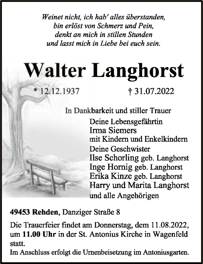  Traueranzeige für Walter Langhorst vom 05.08.2022 aus SYK