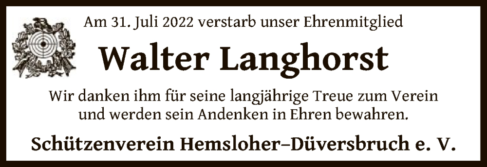  Traueranzeige für Walter Langhorst vom 10.08.2022 aus SYK