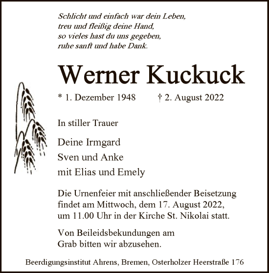 Traueranzeige von Werner Kuckuck von SYK