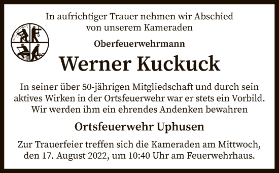 Traueranzeige von Werner Kuckuck von SYK