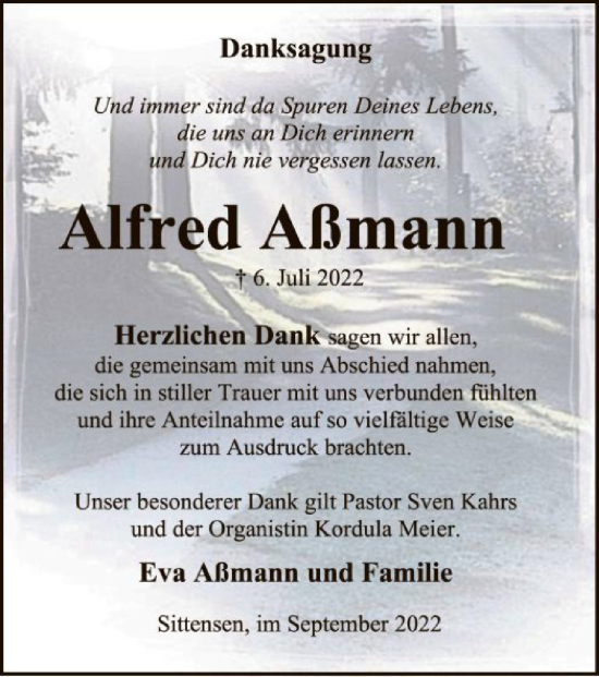 Traueranzeige von Alfred Aßmann von SYK