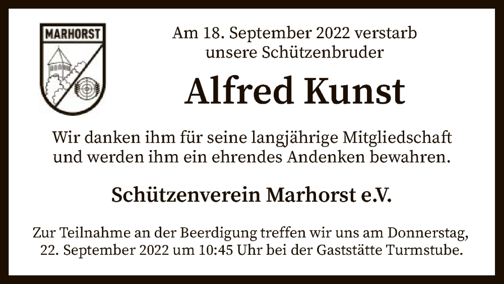  Traueranzeige für Alfred Kunst vom 21.09.2022 aus SYK