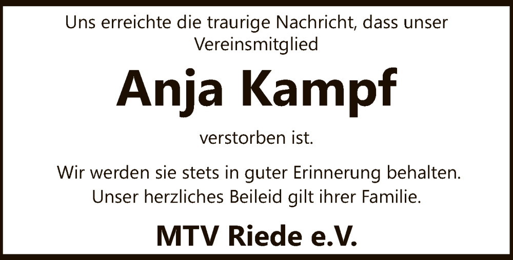  Traueranzeige für Anja Kampf vom 27.09.2022 aus SYK