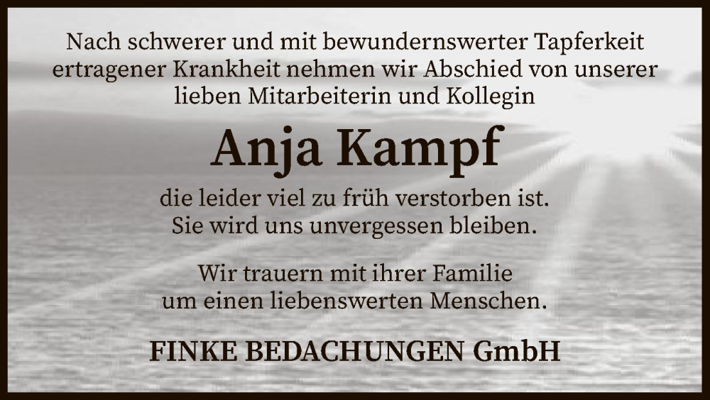  Traueranzeige für Anja Kampf vom 27.09.2022 aus SYK