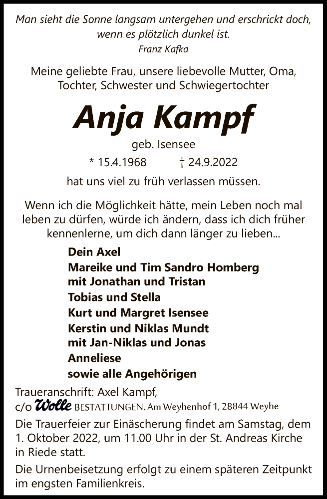  Traueranzeige für Anja Kampf vom 27.09.2022 aus SYK