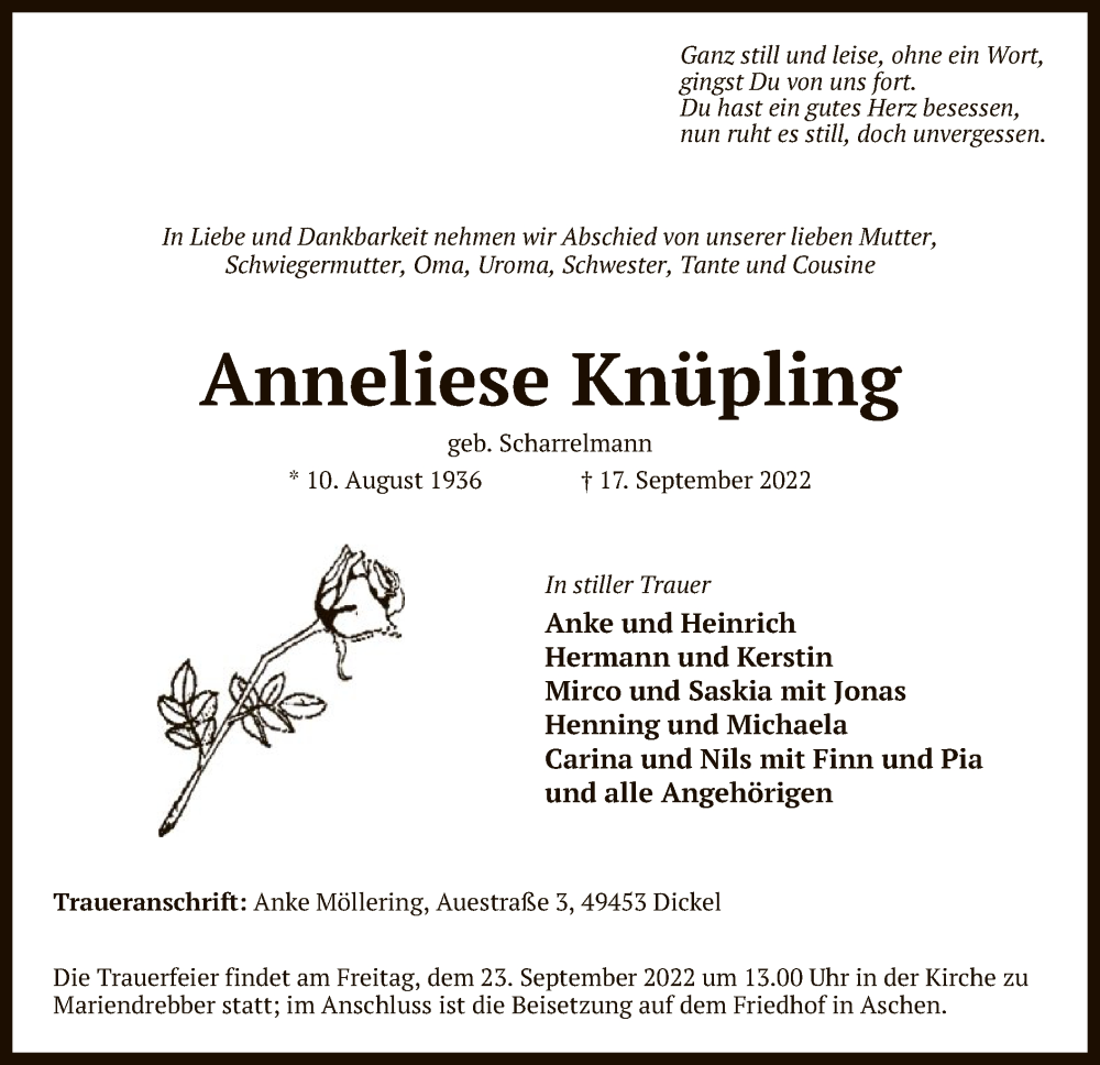  Traueranzeige für Anneliese Knüpling vom 20.09.2022 aus SYK