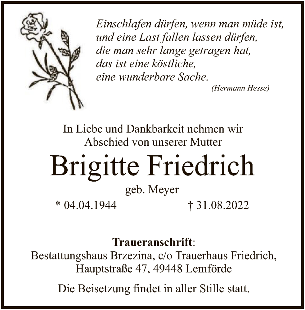  Traueranzeige für Brigitte Friedrich vom 03.09.2022 aus SYK