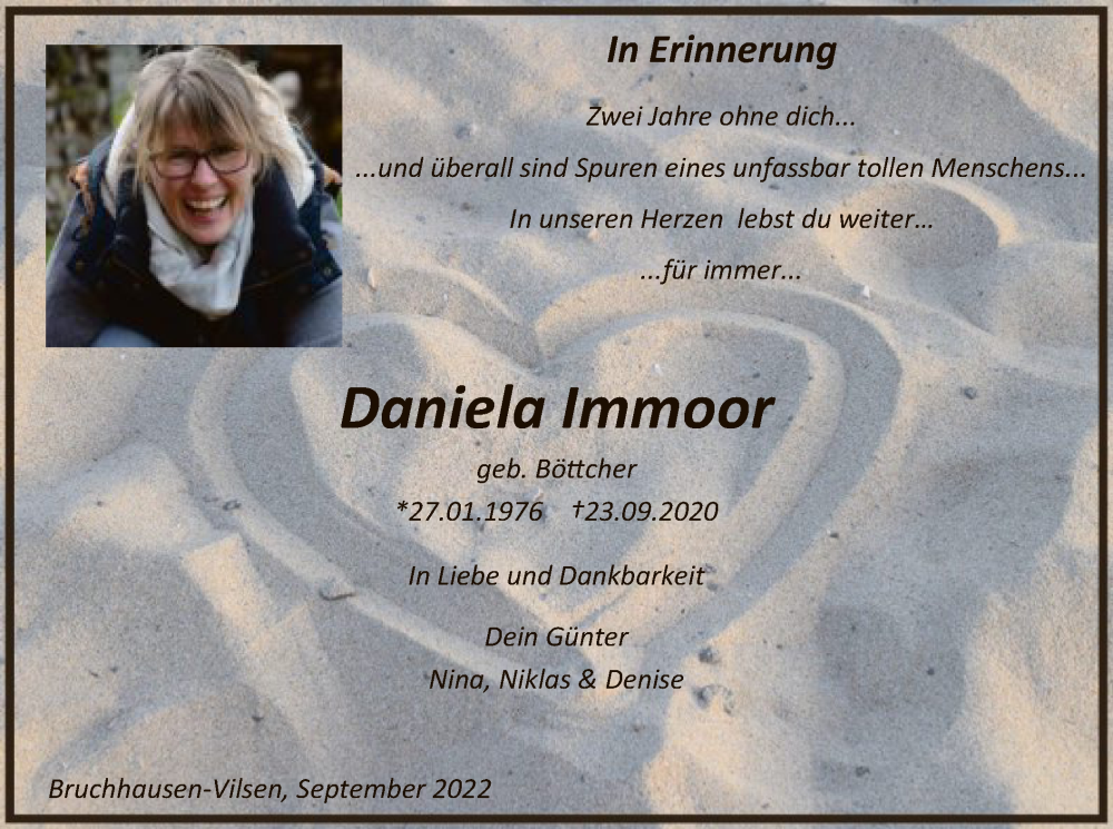  Traueranzeige für Daniela Immoor vom 23.09.2022 aus SYK