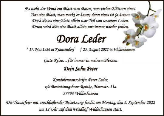 Traueranzeige von Dora Leder von SYK