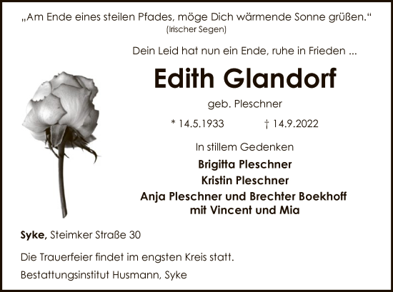 Traueranzeige von Edith Glandorf von SYK