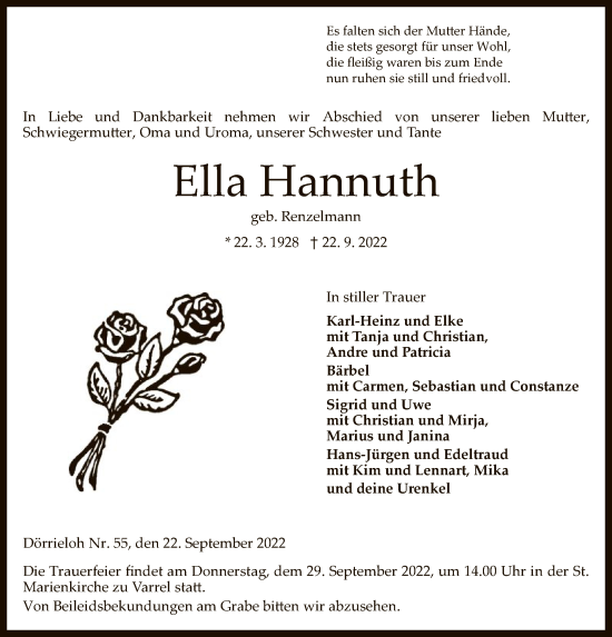 Traueranzeige von Ella Hannuth von SYK