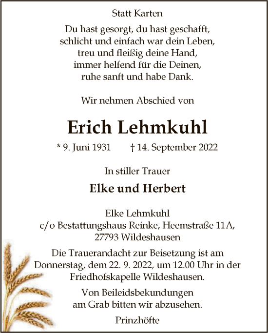 Traueranzeige von Erich Lehmkuhl von SYK