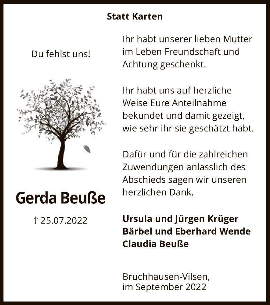  Traueranzeige für Gerda Beuße vom 03.09.2022 aus SYK