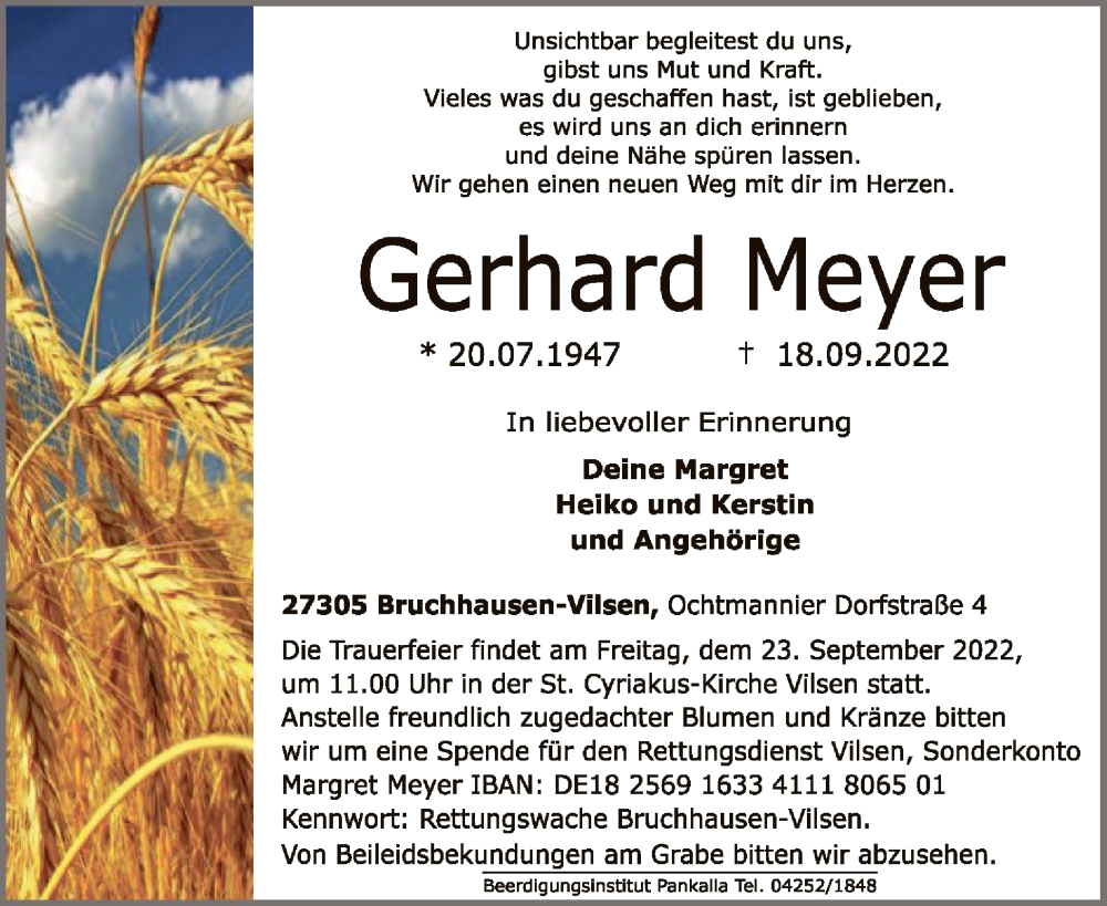  Traueranzeige für Gerhard Meyer vom 21.09.2022 aus SYK