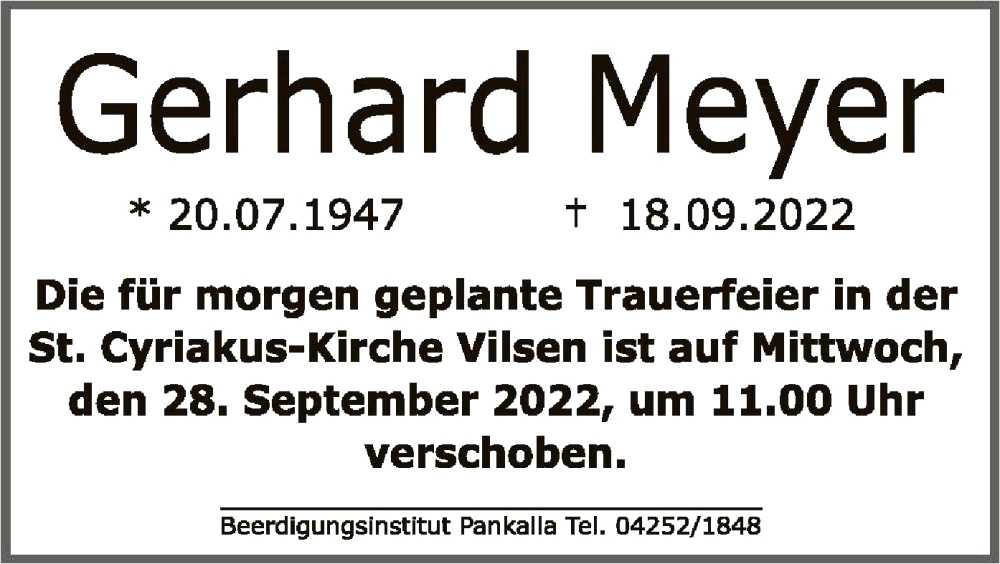  Traueranzeige für Gerhard Meyer vom 22.09.2022 aus SYK