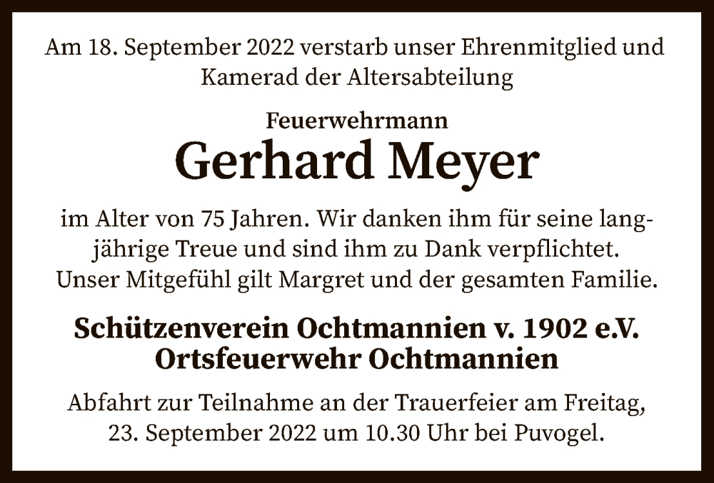  Traueranzeige für Gerhard Meyer vom 21.09.2022 aus SYK