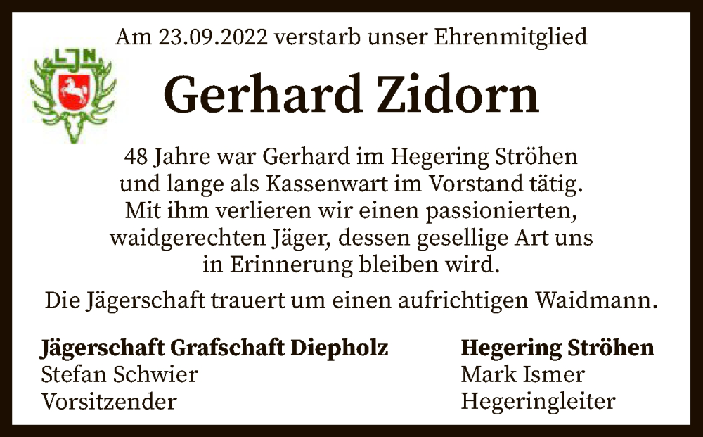  Traueranzeige für Gerhard Zidorn vom 30.09.2022 aus SYK