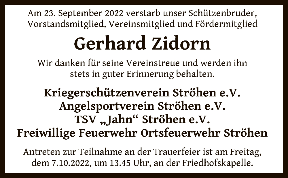  Traueranzeige für Gerhard Zidorn vom 30.09.2022 aus SYK
