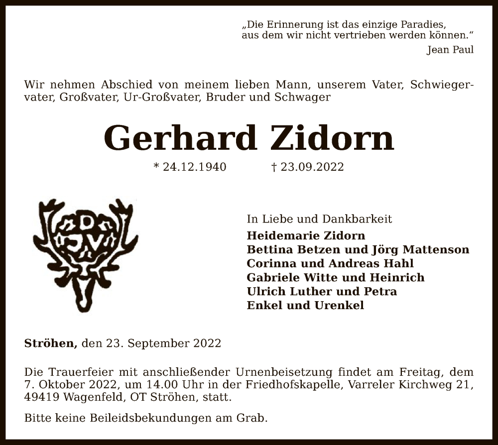  Traueranzeige für Gerhard Zidorn vom 29.09.2022 aus SYK
