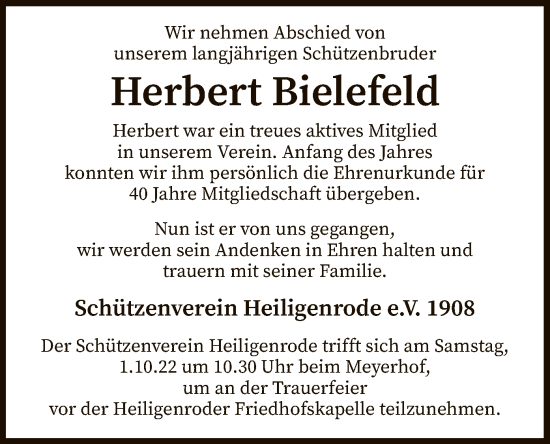 Traueranzeige von Herbert Bielefeld von SYK