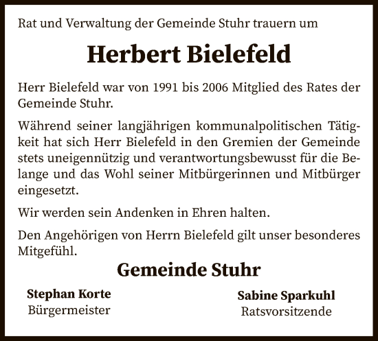 Traueranzeige von Herbert Bielefeld von SYK