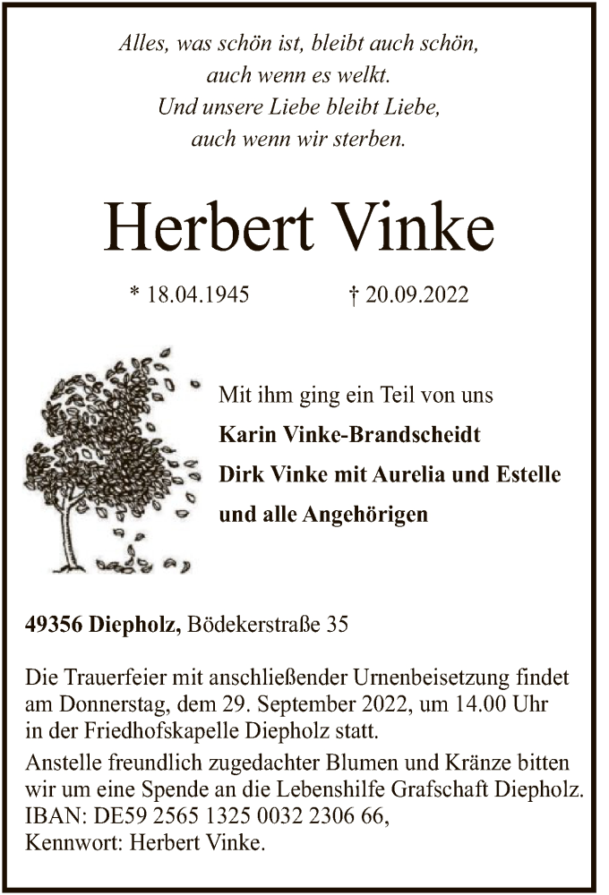  Traueranzeige für Herbert Vinke vom 22.09.2022 aus SYK