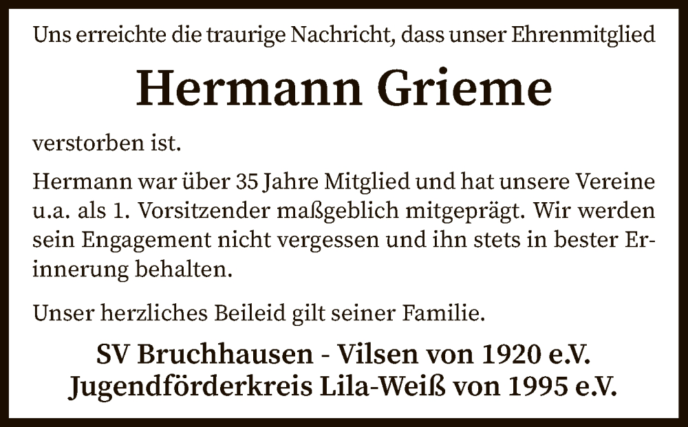  Traueranzeige für Hermann Grieme vom 30.09.2022 aus SYK