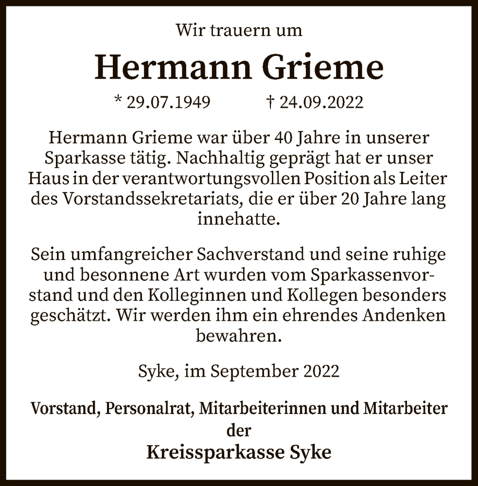  Traueranzeige für Hermann Grieme vom 29.09.2022 aus SYK