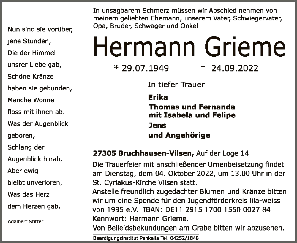 Traueranzeige für Hermann Grieme vom 28.09.2022 aus SYK