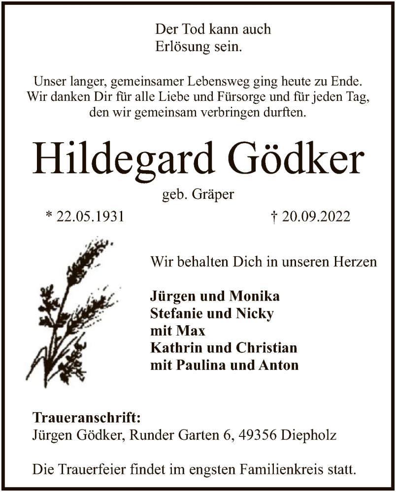  Traueranzeige für Hildegard Gödker vom 22.09.2022 aus SYK