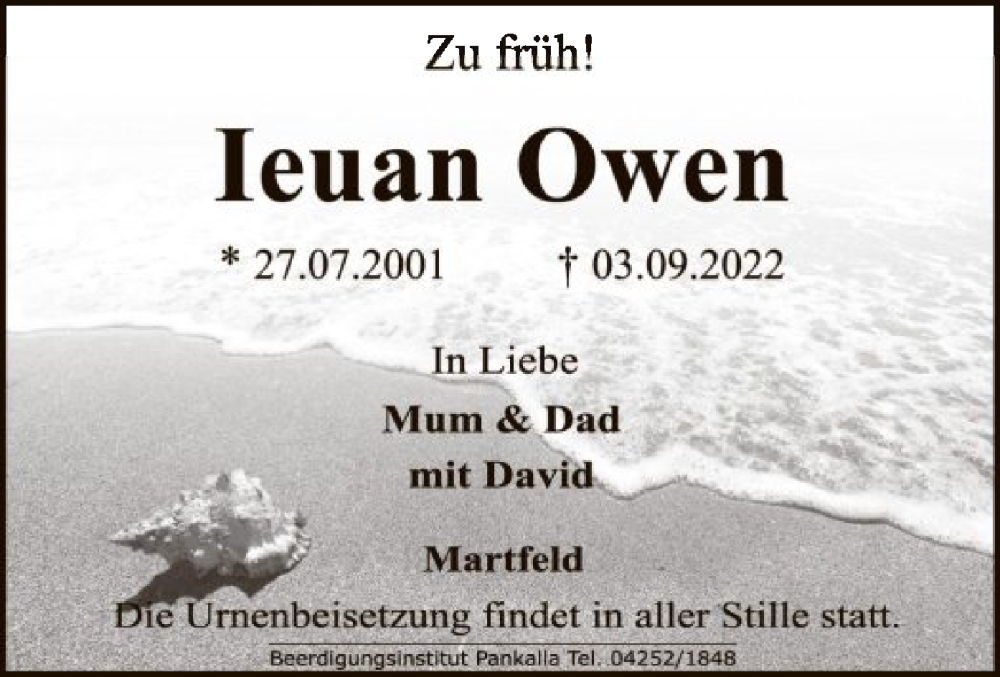  Traueranzeige für Ieuan Owen vom 06.09.2022 aus SYK