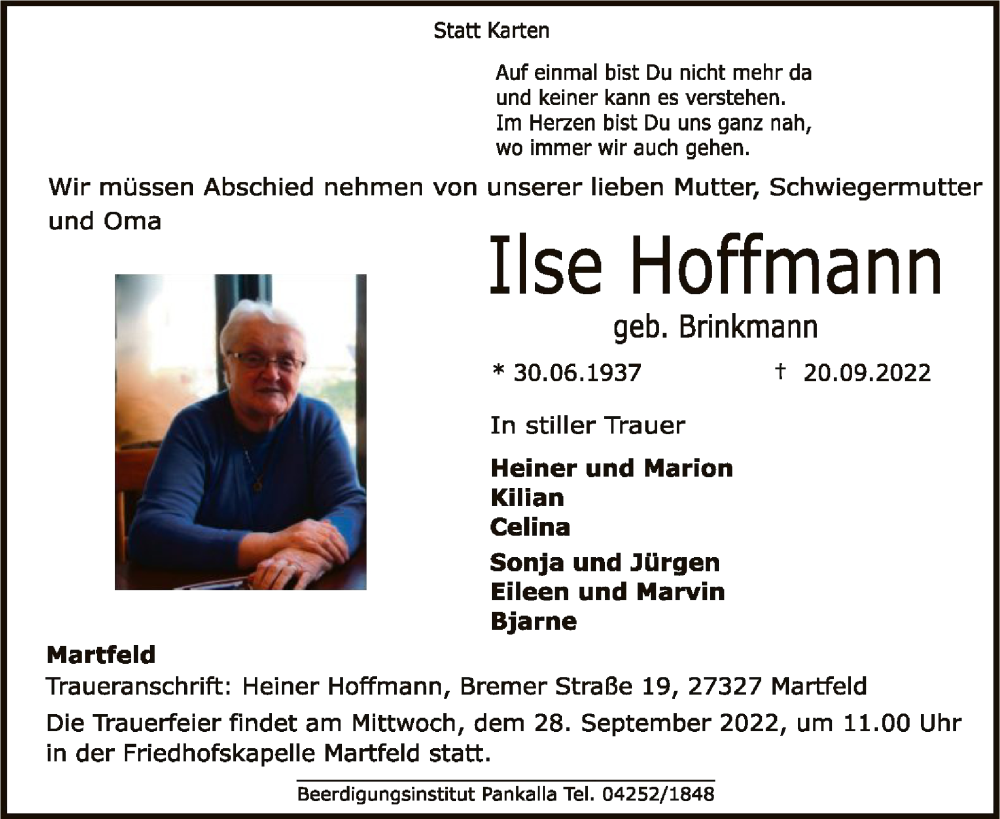  Traueranzeige für Ilse Hoffmann vom 26.09.2022 aus SYK