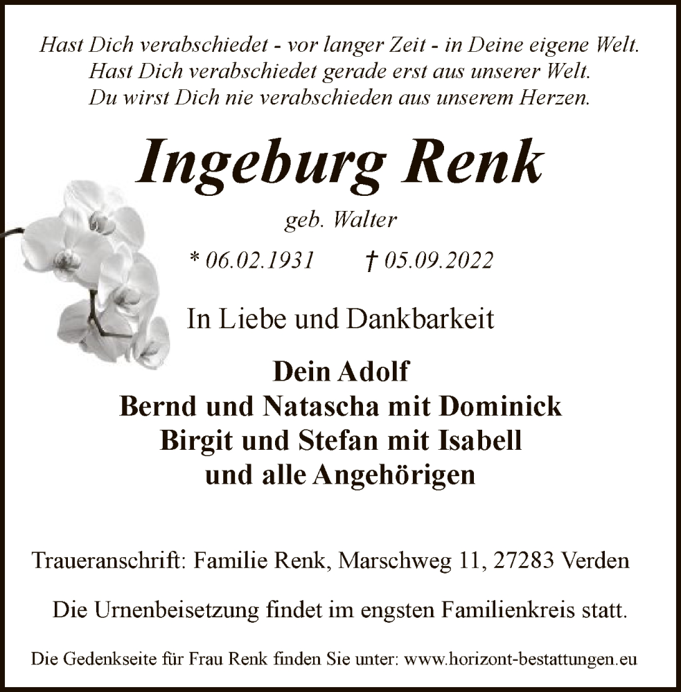  Traueranzeige für Ingeburg Renk vom 24.09.2022 aus SYK