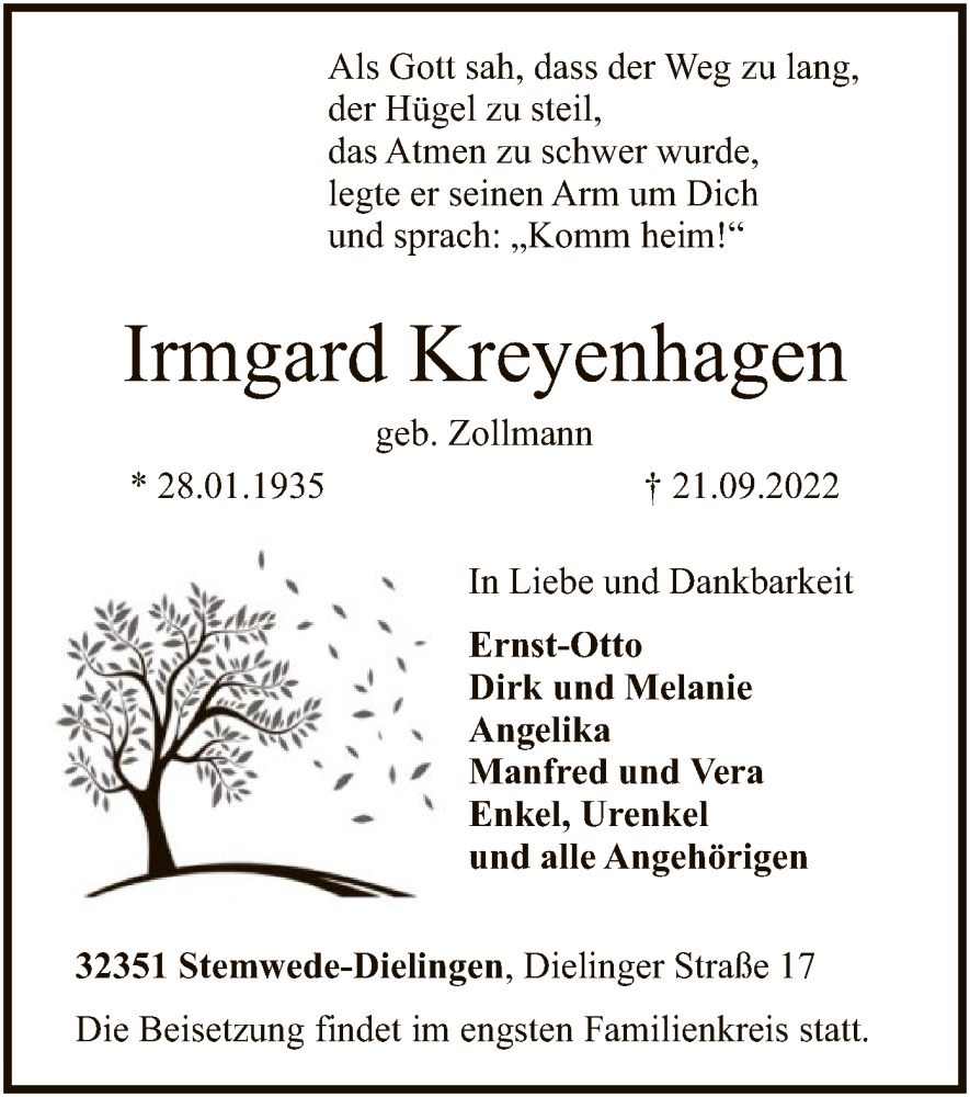  Traueranzeige für Irmgard Kreyenhagen vom 22.09.2022 aus SYK