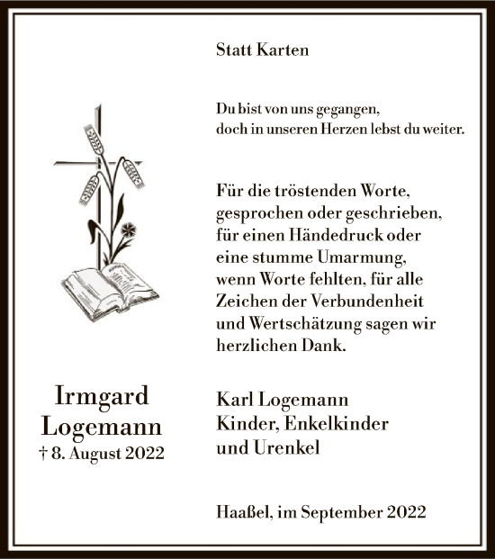 Traueranzeige von Irmgard Logemann von SYK