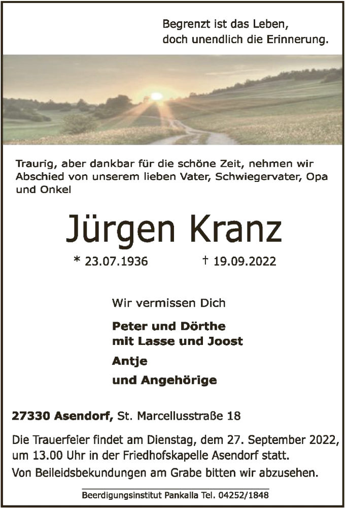  Traueranzeige für Jürgen Kranz vom 21.09.2022 aus SYK