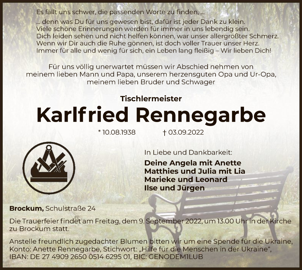  Traueranzeige für Karlfried Rennegarbe vom 07.09.2022 aus SYK