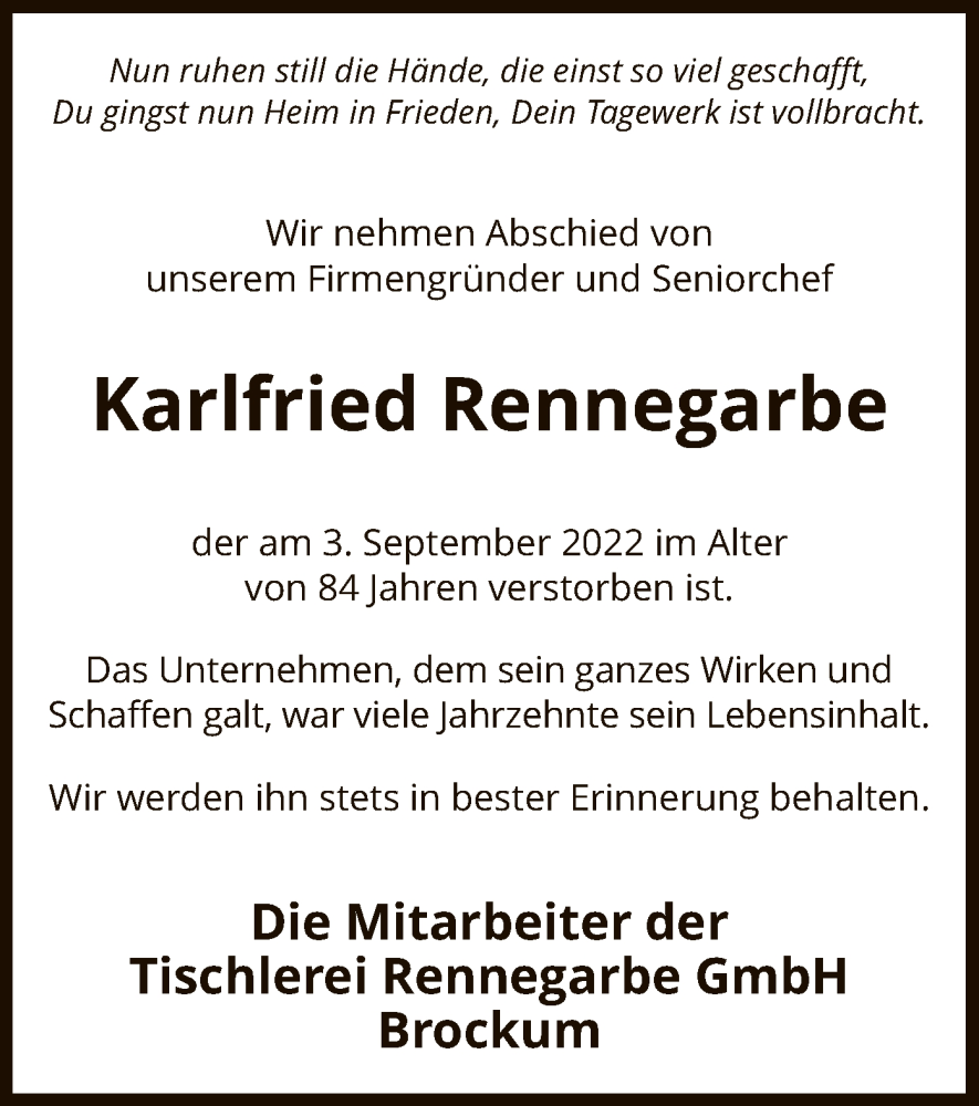  Traueranzeige für Karlfried Rennegarbe vom 07.09.2022 aus SYK