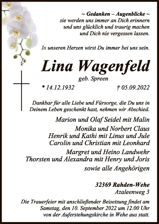 Traueranzeige von Lina Wagenfeld von SYK