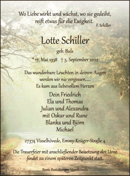 Traueranzeige von Lotte Schiller von SYK