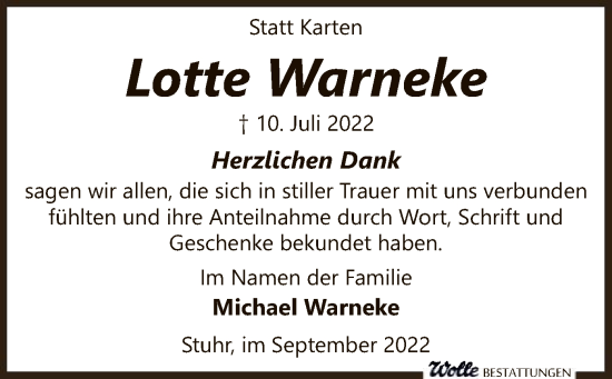 Traueranzeige von Lotte Warneke von SYK