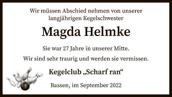 Traueranzeige von Magda Helmke von SYK