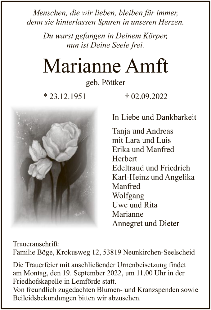  Traueranzeige für Marianne Amft vom 06.09.2022 aus SYK