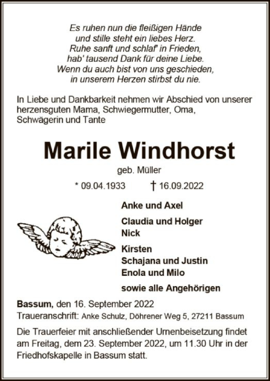 Traueranzeige von Marile Windhorst von SYK