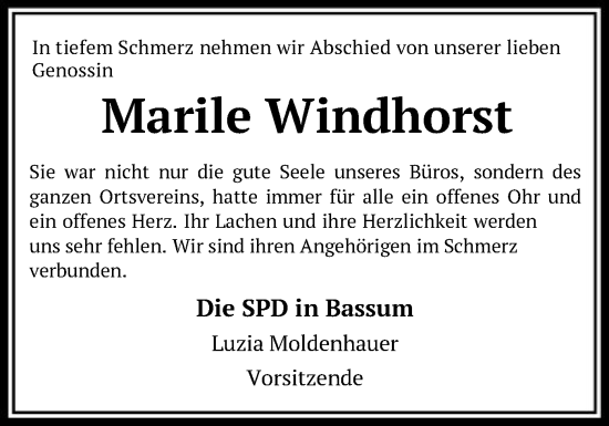 Traueranzeige von Marile Windhorst von SYK