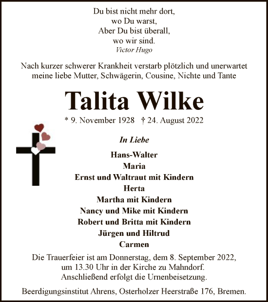 Traueranzeige von Talita Wilke von SYK