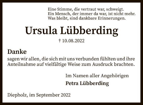 Traueranzeige von Ursula Lübberding von SYK