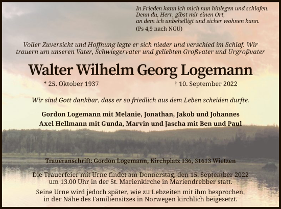 Traueranzeige von Walter Wilhelm Georg Logemann von SYK